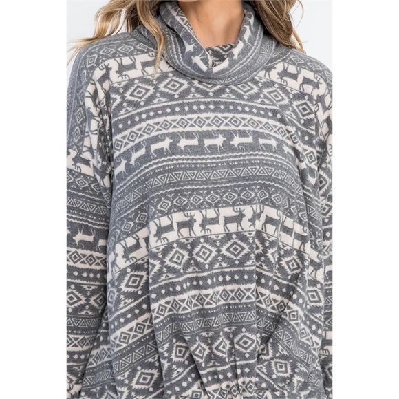 Reindeer Print Long Sleeve Tunic Cowl Neck Front knot top - Picture 7 of 11